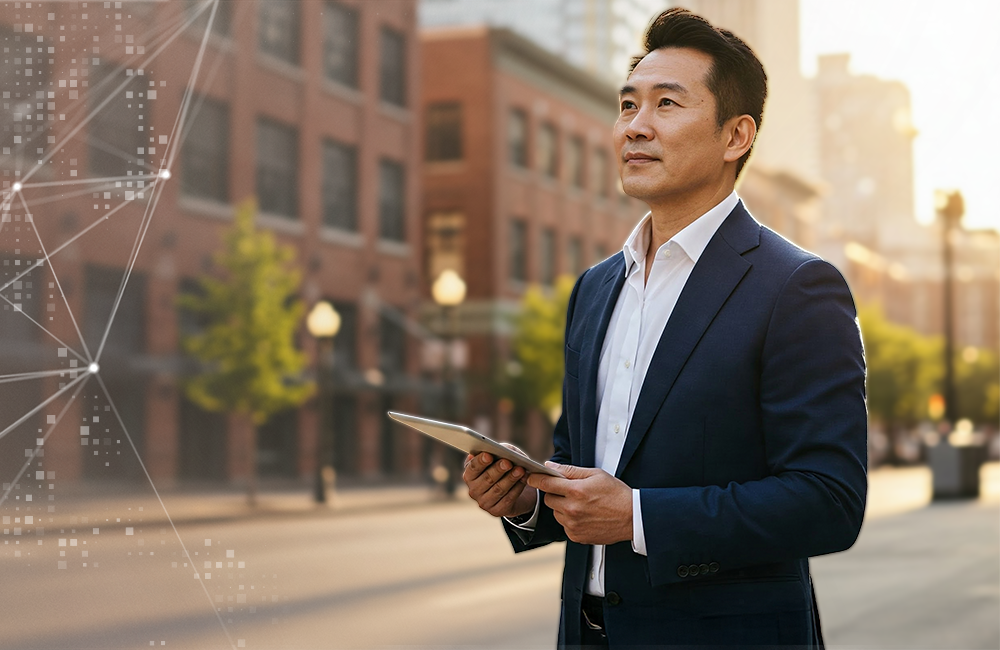 Man in a suit and holding a tablet standing outside